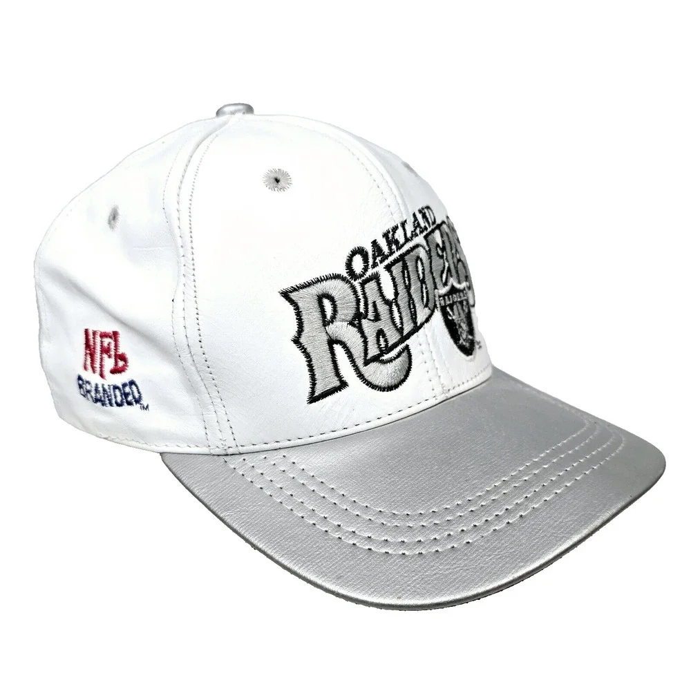 Vintage NFL Branded Oakland Raiders Leather Strapback Cap White, Silver, USA